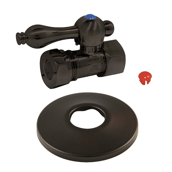 Kingston Brass 1/2" FIP x 1/2" or 7/16" Slip Joint Quarter-Turn Straight Stop Valve with Flange, Oil Rubbed Bronze CC44155K - main